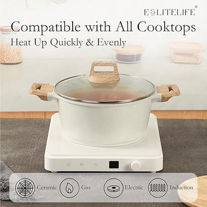 ESLITE LIFE Nonstick Stock Pot with Lid, 5 Quart Granite Casserole Large Soup Pot Pasta Cooking Pot, Induction Compatible, PTFE  PFOA Free, White