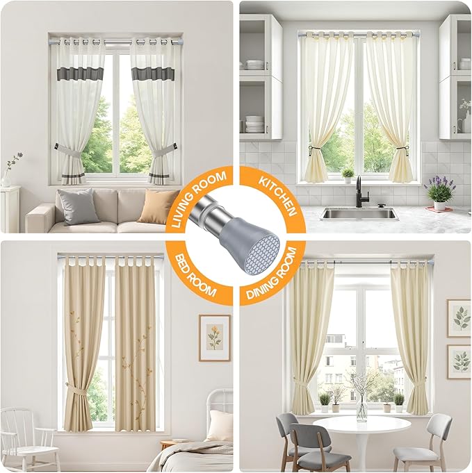 Adjustable Tension Curtain Rod 28-48 Inch, Silver Spring Loaded No Drill Non-Slip Window Curtain Rod for Bathroom, Shower, Dorm