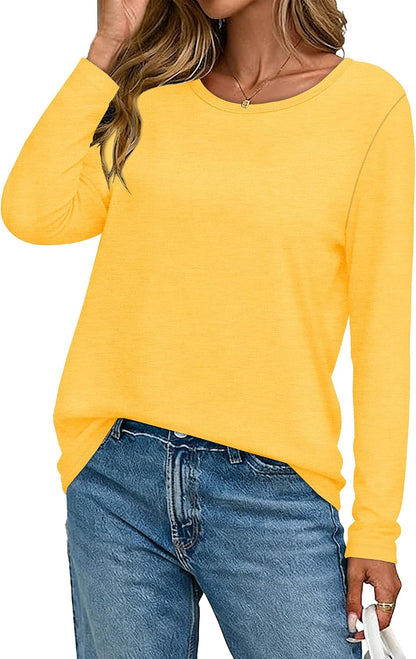 Very light yellow in color Women Long Sleeve Shirts Casual Dressy Soft Basic Tee Loose Fit Tunic Tops | Fall Tops, Soft & Breathable, Crew Neck, cotton, School Outfits, Teacher T-shirts, Winter Clothes, Solo or Layered, 2026