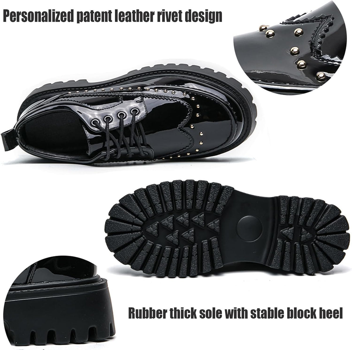 Men's Patent Leather Platform Dress Shoes Classic Round Toe Thick Lug Sole Lace Up Oxfords Comfort Block Heel Derby Business Casual Shoes .