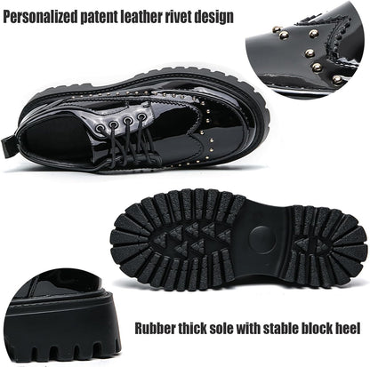 Men's Patent Leather Platform Dress Shoes Classic Round Toe Thick Lug Sole Lace Up Oxfords Comfort Block Heel Derby Business Casual Shoes .