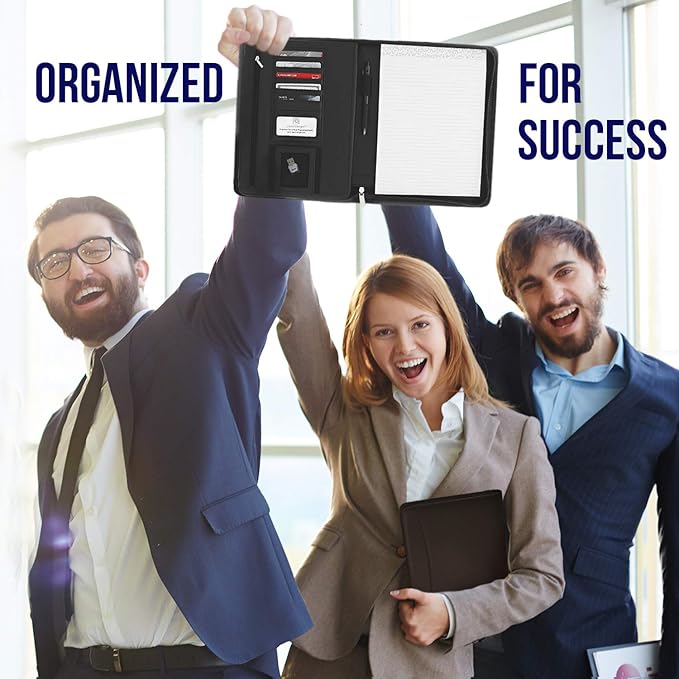 Leather Business Portfolio with Zipper - Black Portfolio Binder Organizer - Padfolio for Men & Women with 10.5 Inch Tablet Pocket by Lautus Designs