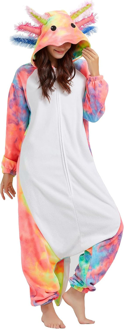 Unisex Axolotl Costume Adult Onesie, One Piece Pajamas, Halloween Cosplay Costumes Homewear Jumpsuit,Animal Onesie