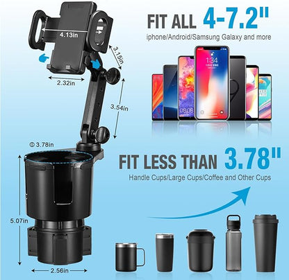 Cup Holder Phone Mount, 2 in 1 Cup Holder Expander for Car Long Arm with 360Rotation Cup Holder Cell Phone Holder for Car Compatible with All Smartphones
