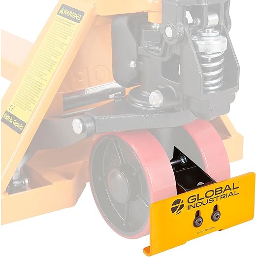 Global Industrial Pallet Jack Toe Guard Protector, Durable Steel Construction, High-Visibility Powder Coat Finish, 8-12"W x 3-12"H, Tool-Free Installation