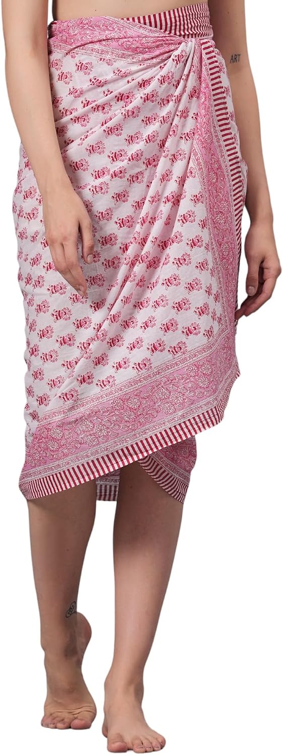 100% Cotton Swimsuit Cover-Up, Indian Hand Block Printed Sarong Wraps Bikini Cover-Up for Women