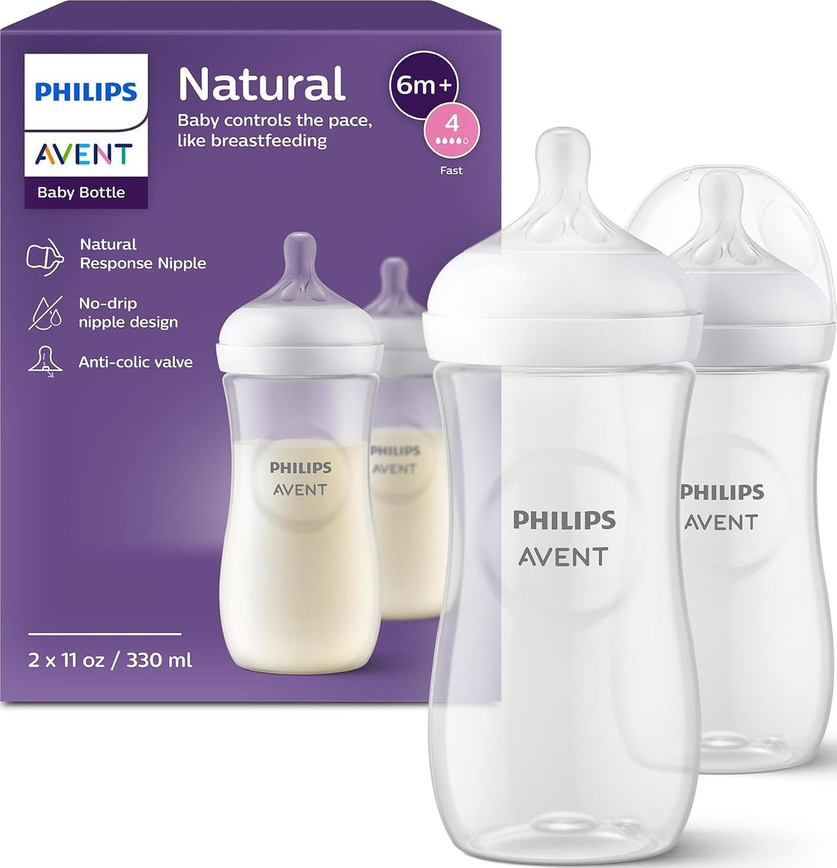 Philips Avent Natural Baby Bottles with Natural Response Nipples (Fast Flow, Flow 4), 11oz, 2-Pack, SCY906/02 (No Original Packaging)