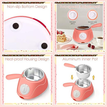 8.45oz Melting Fondue Pot, MINI Electric Chocolate Melting Set, Chocolate Fondue Fountain, Warmer Machine for Milk Chocolate, Cheese, Butter, Candy, Pink