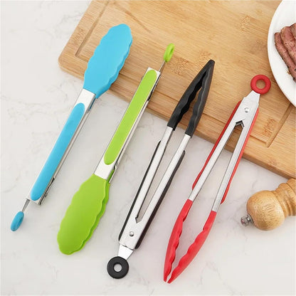 Silicone Kitchen BBQ Tongs Stainless Steel Locking Cooking With Tips Non-Slip Food(12 inch Gray)