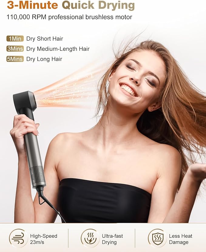 7MAGIC Hair Dryer Brush  Styler, 110,000 RPM, High-Speed Ionic Hair Dryer, Multi-Function, Professional Blow Dryer Brush for Curling, Volumizing, Straightening, and Styling, Silver