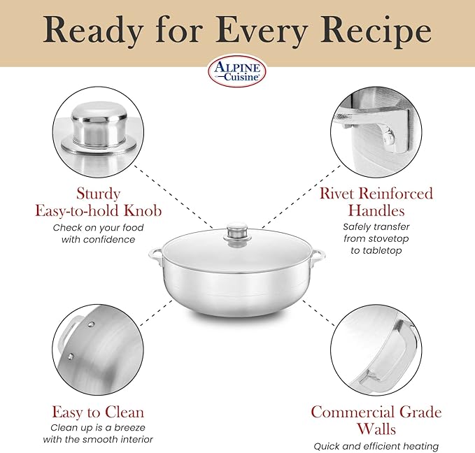 Alpine Cuisine 13 quart aluminum cauldron pot with glass lid, Dutch oven performance for even heat distribution, perfect for serving large and small groups,