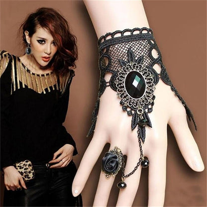 Dreuyet Black Choker Lace Necklace Bracelet Earrings Set for Women Elegant Sexy Vintage Princess Black Lace Gothic Statement Jewelry Set Victorian Lolita Choker Vampire Chain Halloween Costumes ( gold-black )