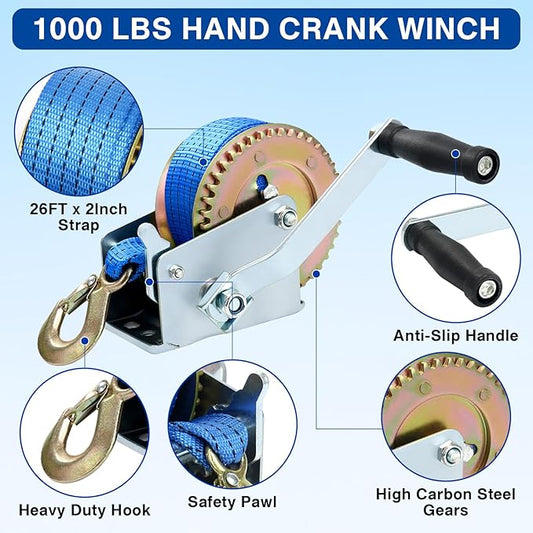 8milelake 1000lbs Hand Winch Hand Crank Strap Gear Winch Polyester Strap ATV Boat Trailer Heavy Duty