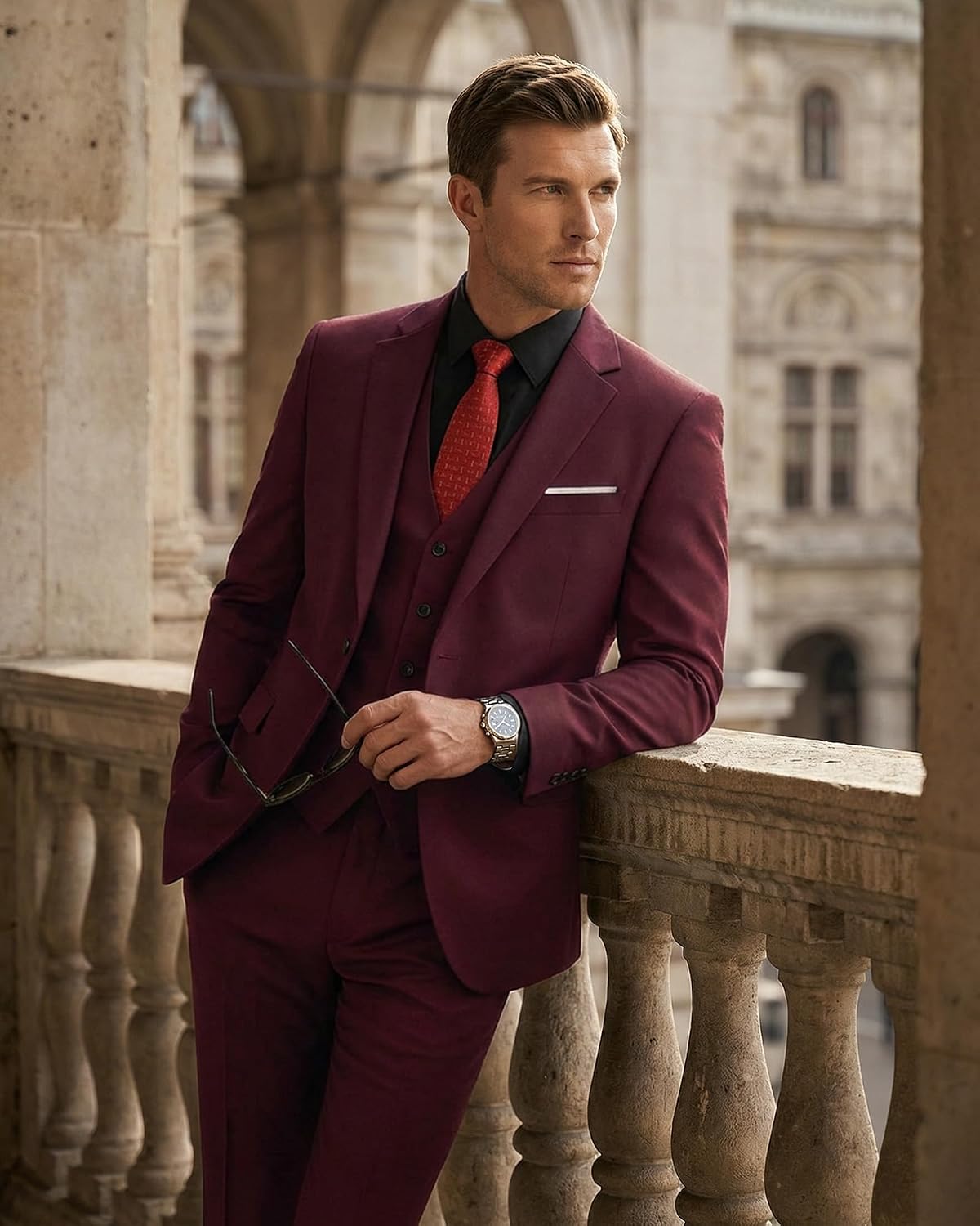 YND Men's Slim Fit 3 Piece Suit Set, One Button Solid Blazer Vest Pants with Tie 3 sustainability features