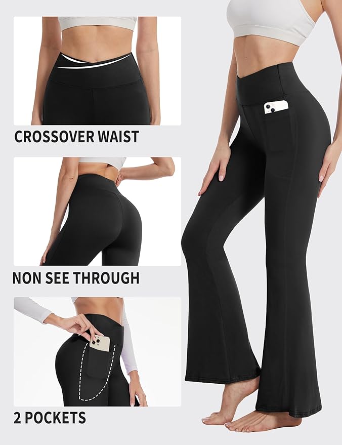 ZOOSIXX Black Flare Yoga Pants for Women, Crossover Soft Bootcut Leggings
