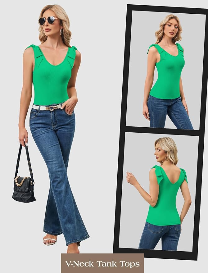 FireSwan Womens Summer Cute Tank Tops V Neck Bow Tie Shoulder Shirts Sleeveless Trendy Ribbed Knit Camisole