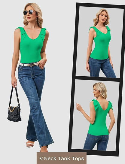 FireSwan Womens Summer Cute Tank Tops V Neck Bow Tie Shoulder Shirts Sleeveless Trendy Ribbed Knit Camisole