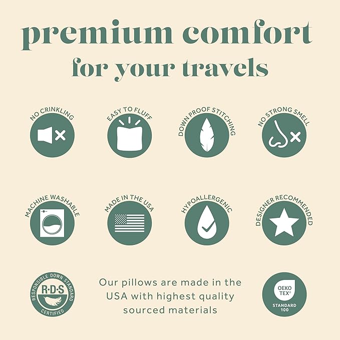 Goose Down Travel Pillow - Filled with 800 Fill Power European Goose Down, Egyptian 300 Thread Count 100 Cotton Cover for Plane car  Home - Made in USA (12x16)