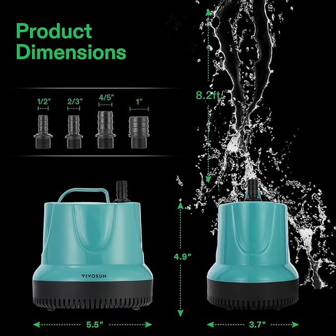 VIVOSUN 660GPH 40W Submersible Pump for Fish Tank, Pond, Aquarium, Hydroponic Systems with 5ft Power Cord and 4 Nozzles Blue