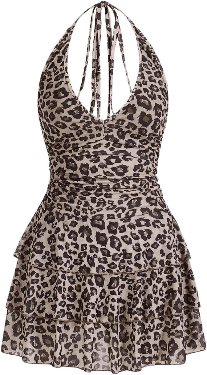 BEAUDRM Women's Y2K Leopard Print Halter Dress Sexy Ruched Tie Backless Tiered Layer Mini Dresses Cheetah Mesh Ruffle Dress