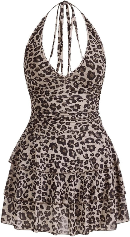BEAUDRM Women's Y2K Leopard Print Halter Dress Sexy Ruched Tie Backless Tiered Layer Mini Dresses Cheetah Mesh Ruffle Dress