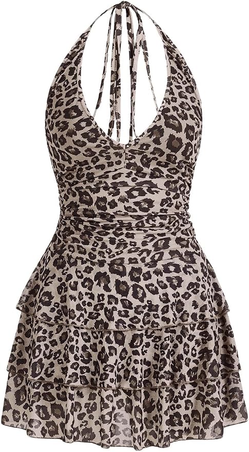 BEAUDRM Women's Y2K Leopard Print Halter Dress Sexy Ruched Tie Backless Tiered Layer Mini Dresses Cheetah Mesh Ruffle Dress