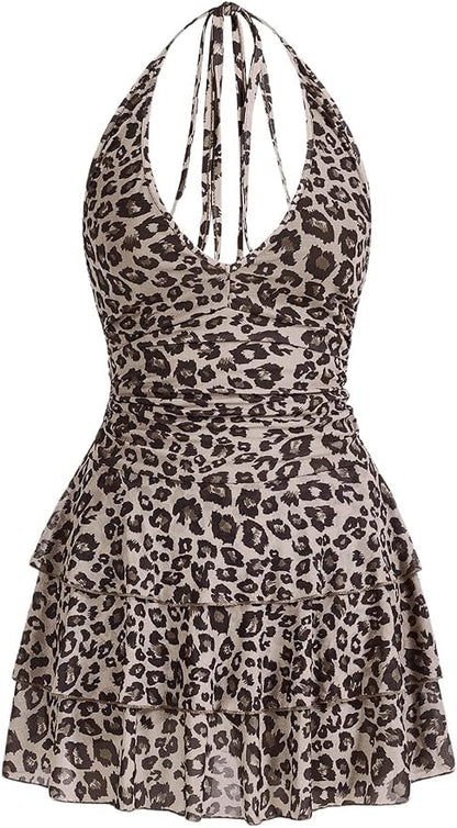 BEAUDRM Women's Y2K Leopard Print Halter Dress Sexy Ruched Tie Backless Tiered Layer Mini Dresses Cheetah Mesh Ruffle Dress