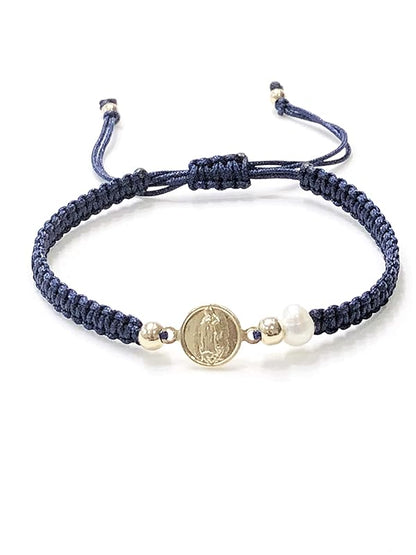 Our Lady of Guadalupe Medal and Dainty Cultured Fresh Father Pearl Adjustable Red String Bracelet Pulsera de la Virgen de Guadalupe para Mujeres (Blue)