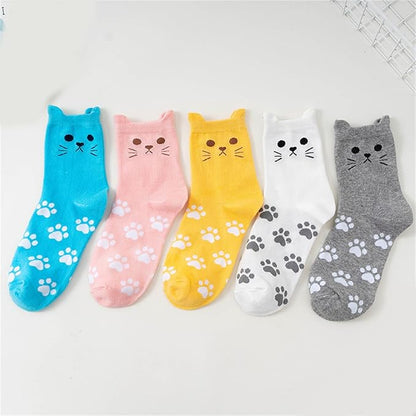Funny Animal Socks for Women with 3D Cats Ears and Paws Print Cotton Middle Calf Socks Hosiery for Parties or Daily