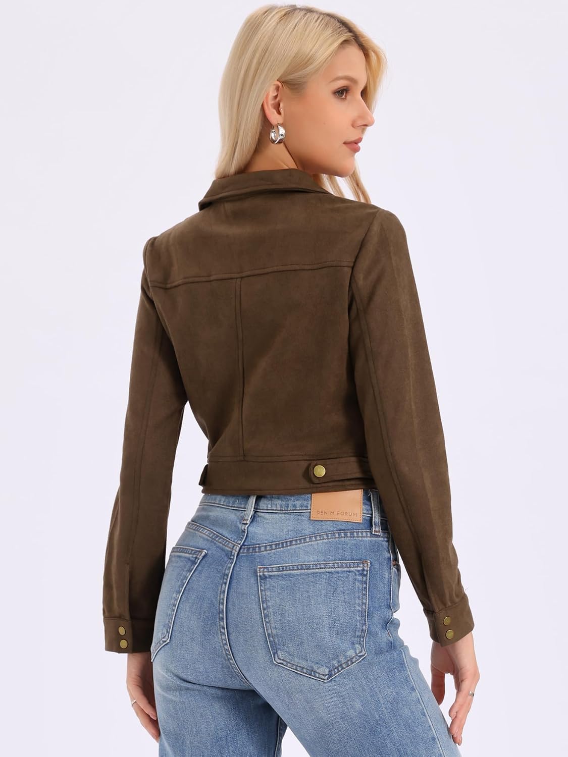 Allegra K Women's Faux Suede Jacket Button Down Collar Pockets Crop Moto Biker Coat