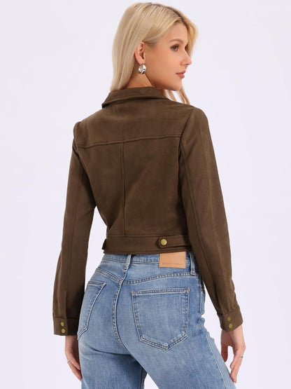 Allegra K Women's Faux Suede Jacket Button Down Collar Pockets Crop Moto Biker Coat