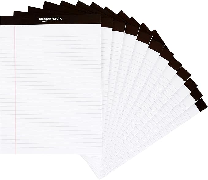Basics Wide Ruled Lined Writing Note Pads for Office Supplies, 8.5" x 11.75", White, 12-Pack of 50 Perforated Sheets