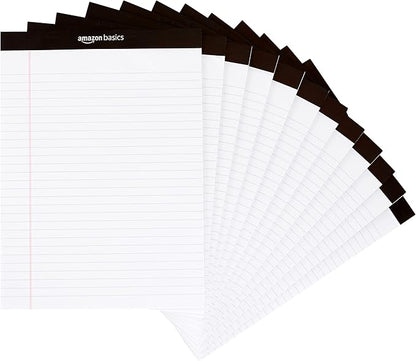 Basics Wide Ruled Lined Writing Note Pads for Office Supplies, 8.5" x 11.75", White, 12-Pack of 50 Perforated Sheets