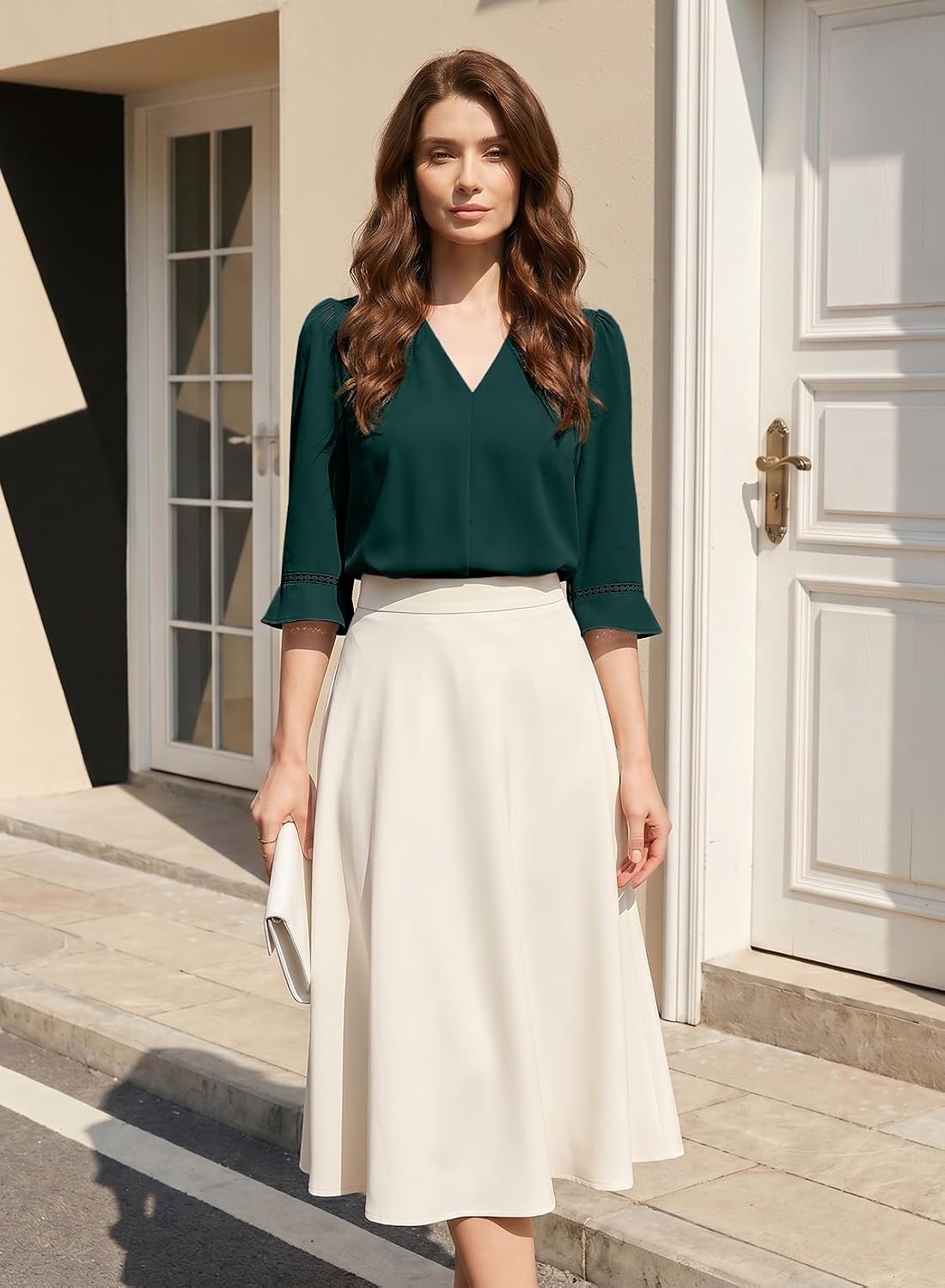 Women's 3/4 Sleeve Tops Dressy Casual Pleated V Neck Business Work Blouses Office Shirts