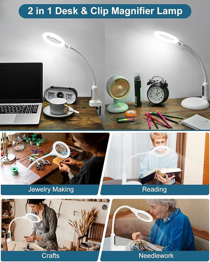10X Magnifying Glass with Light , LED 5 Color Modes, Brightness Stepless Dimming Lighted Magnifier Hands Free, Flexible Gooseneck Desk Lamp, Crafts, Hobby - White