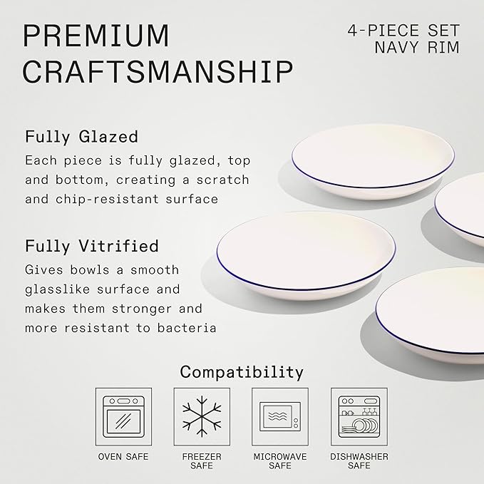 Made In Cookware - Set of 4 - Entree Bowls - White With Navy Rim - Porcelain - Crafted in England