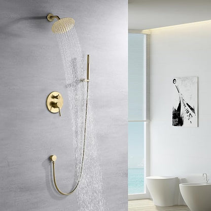 Sumerain Brushed Gold Shower Faucet System with high pressure 8 Inches rain shower head and brass hand shower, Rough-In Valve Body and Trim Included