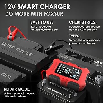 10-Amp Battery Charger, 12V/10A 24V/5A Smart Automatic Maintainer Trickle Charger with Temperature Compensation, 7 Stage Lead Acid AGM LiFePO4 Battery Charger for Cars Motorcycles Boats