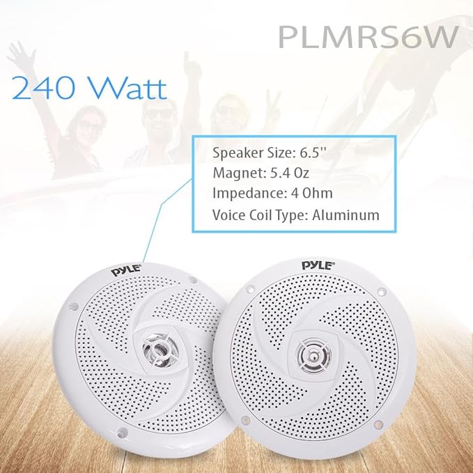 Pyle Marine Speakers - 6.5 Inch 2 Way Waterproof and Weather Resistant Outdoor Audio Stereo Sound System with 240 Watt Power and Low Profile Slim Style - 1 Pair - PLMRS6W (White)