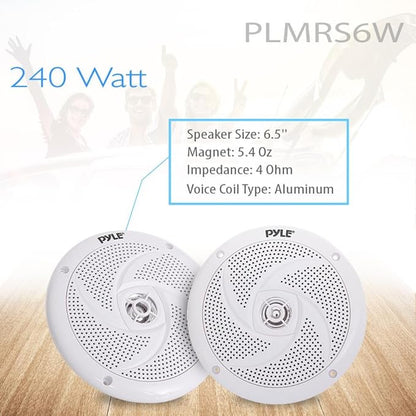 Pyle Marine Speakers - 6.5 Inch 2 Way Waterproof and Weather Resistant Outdoor Audio Stereo Sound System with 240 Watt Power and Low Profile Slim Style - 1 Pair - PLMRS6W (White)