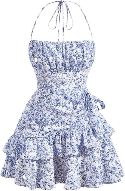 SOLY HUX Women's Summer Halter Dresses Boho Floral Sundress Ruffle Flowy Mini Dress Coquette Birthday Dresses