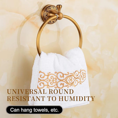 Wall Mounted Bathroom Towel Ring, Bath Towel Hanger Antique Brass Pattern Carving,Brushed Bronze