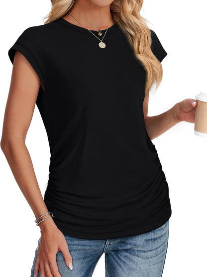 SAMPEEL Womens Summer Tops Trendy 2025 Ruched Cap Short Sleeve Tshirts Shirts Crew Neck T Shirts Fashion.