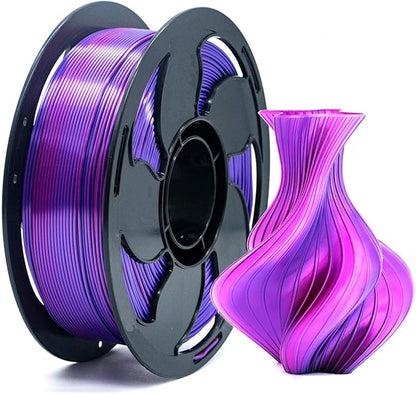1.75mm PLA Filament Silk Dual Bi Color Purple Fuchsia, Coextrusion 3D Printer Filament with Shiny Silk Rainbow, 1kg (2.2lbs) Spool Neatly Wound Smooth Color Transition 3D Printing Rods
