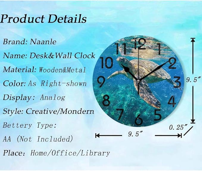 Naanle 3D Tropical Underwater Swimming Sea Turtle Print Round Wall Clock, 9.5 Inch Battery Operated Quartz Analog Quiet Desk Clock for Home,Office,School