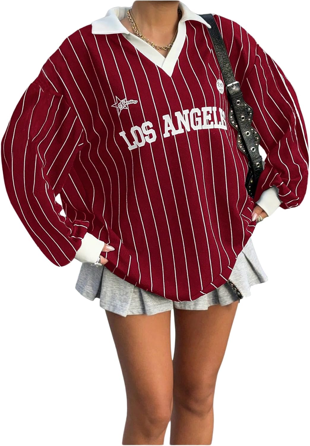 SOLY HUX Women's Oversized Tees Striped Letter Print Y2k Jersey T Shirt Collar V Neck Long Sleeve Loose Tops