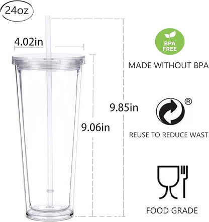 24oz Tumbler with Lid and Straw, Leak Proof and Double Wall Insulated Reusable Plastic Cups,Travel Reusable Iced Coffee Cup (1, Transparent Color)