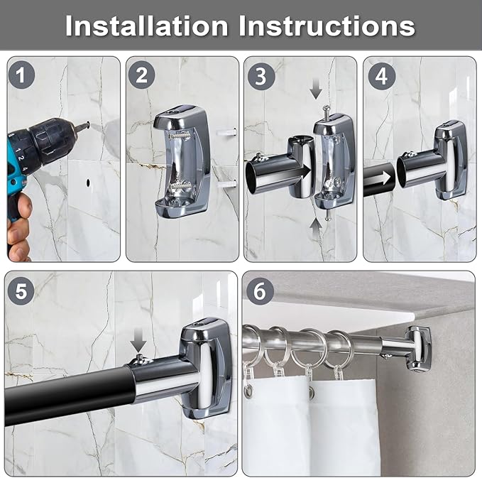 Kokone Shower Curtain Rod Bracket Set of 2 Adjustable 180° Rotation Bracket for Curved Shower Curtains Rod Sturdy Zinc Alloy Wall Mounted Shower Curtain Rod Holder for Bathroom,Wardrobe,Kitchen,Silver