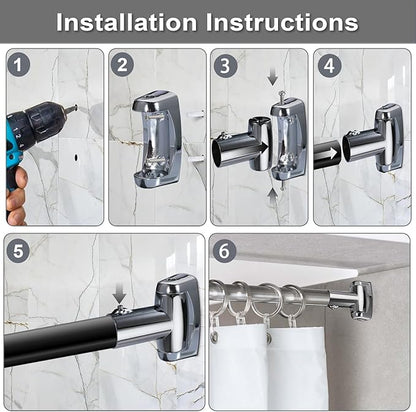 Kokone Shower Curtain Rod Bracket Set of 2 Adjustable 180° Rotation Bracket for Curved Shower Curtains Rod Sturdy Zinc Alloy Wall Mounted Shower Curtain Rod Holder for Bathroom,Wardrobe,Kitchen,Silver