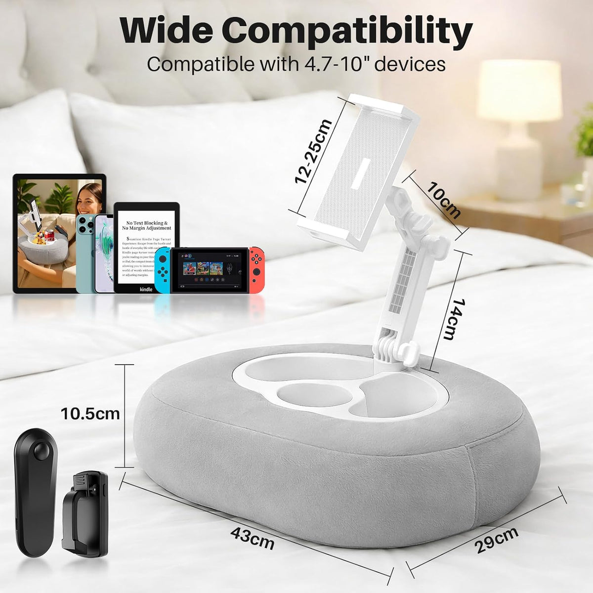 Gray Pillow Stand - Adjustable Kindle Holder for Bed,Sofa, 2-in-1 for Kindle/Tablet, Soft Plush for Reading in Bed (Does Not Include Controller)